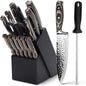 Knife Sets for Kitchen (15 Pieces), Hammered Desgin Knife Set with Block and Sharpener, High Carbon Stainless Steel Chef Knives with Grey Triple Rivet Handle, Ultra Sharp and Dishwash Safe