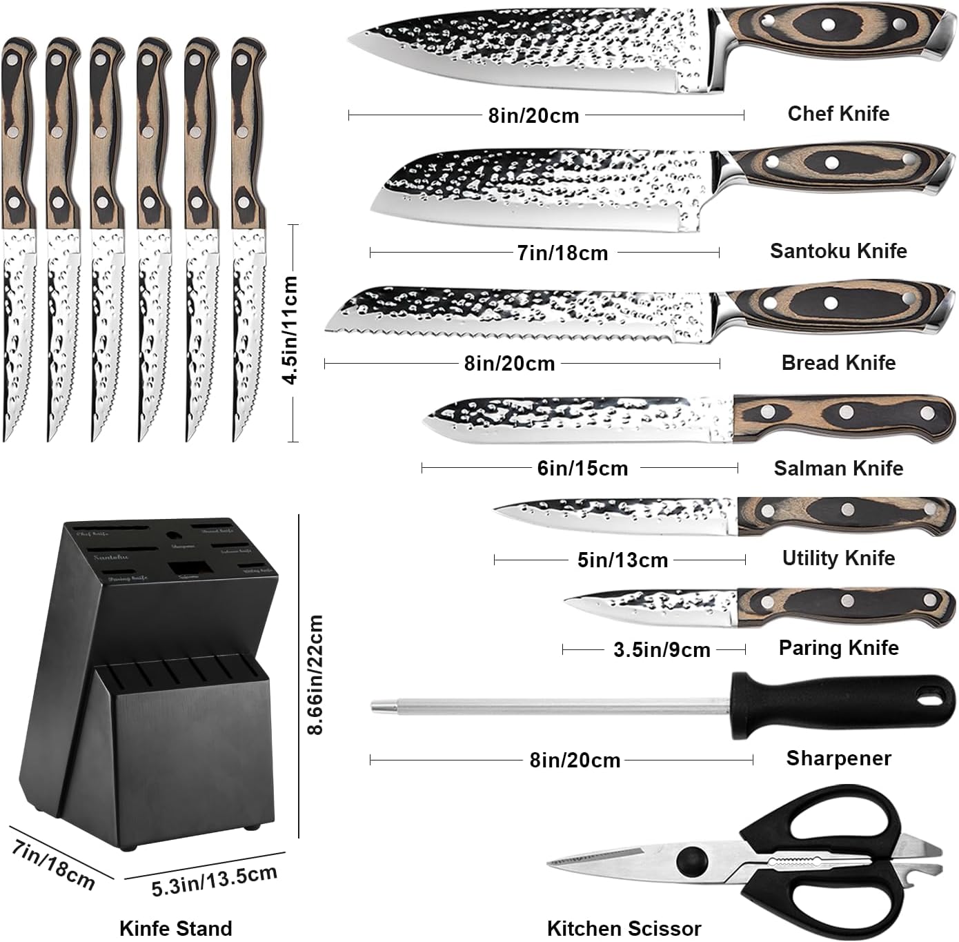 Knife Sets for Kitchen (15 Pieces), Hammered Desgin Knife Set with Block and Sharpener, High Carbon Stainless Steel Chef Knives with Grey Triple Rivet Handle, Ultra Sharp and Dishwash Safe