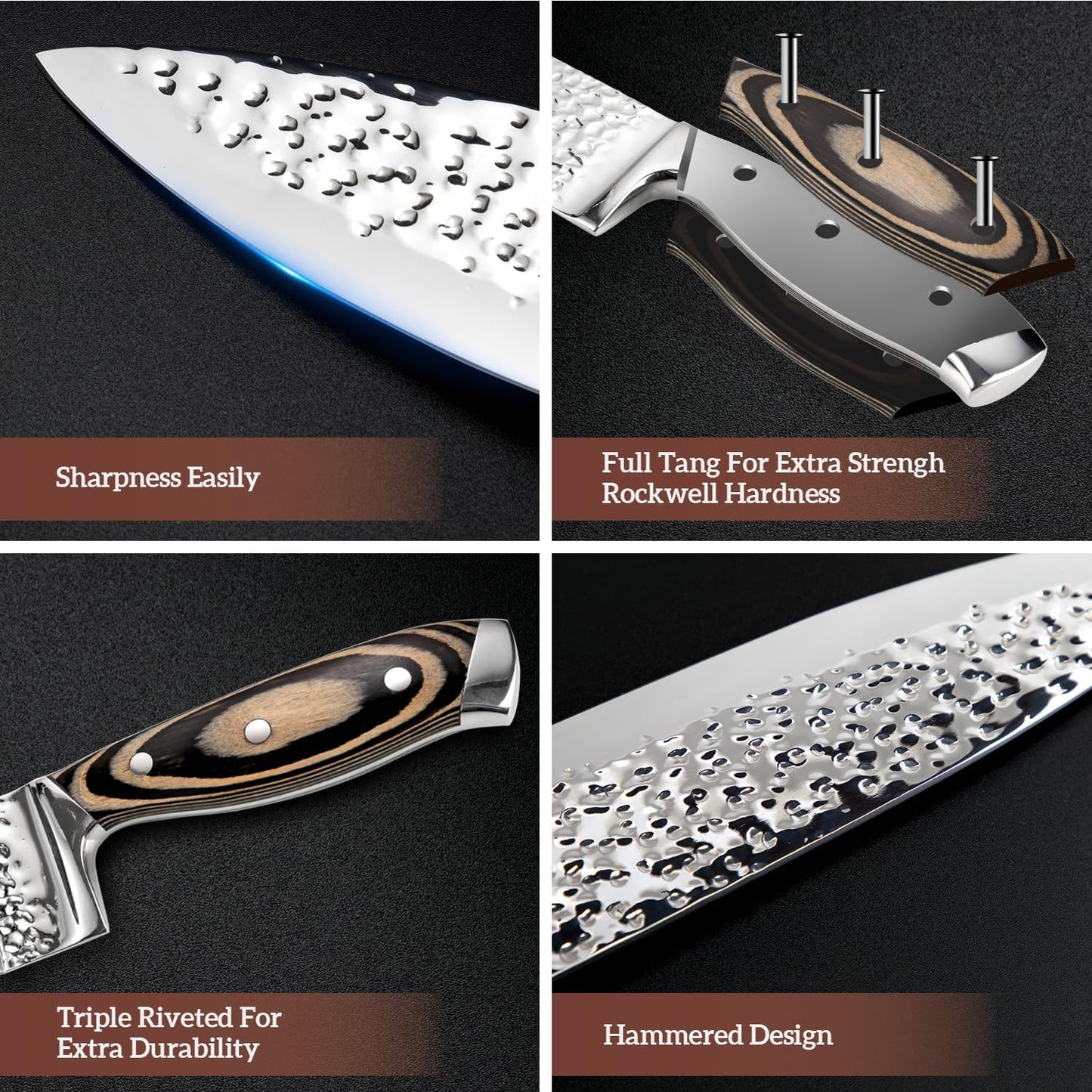 Knife Sets for Kitchen (15 Pieces), Hammered Desgin Knife Set with Block and Sharpener, High Carbon Stainless Steel Chef Knives with Grey Triple Rivet Handle, Ultra Sharp and Dishwash Safe