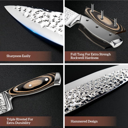 Knife Sets for Kitchen (15 Pieces), Hammered Desgin Knife Set with Block and Sharpener, High Carbon Stainless Steel Chef Knives with Grey Triple Rivet Handle, Ultra Sharp and Dishwash Safe