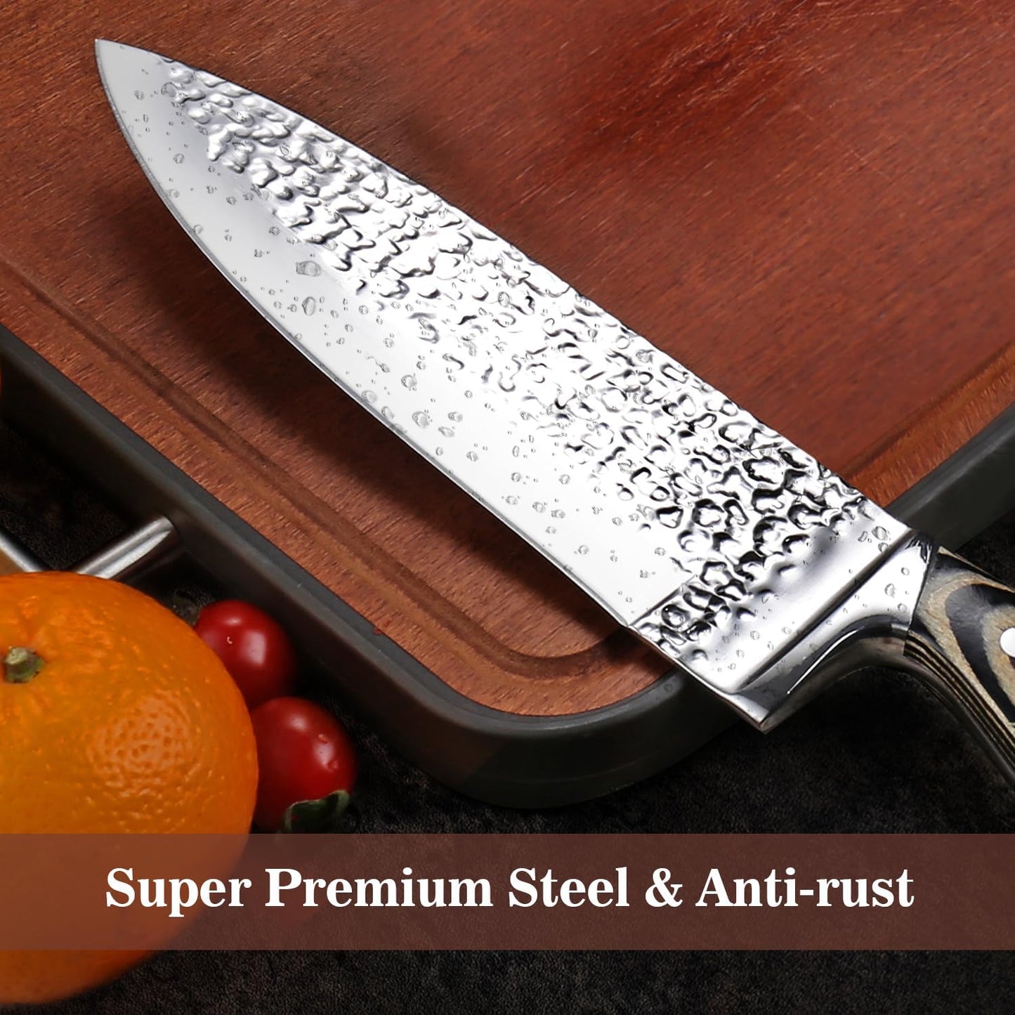Knife Sets for Kitchen (15 Pieces), Hammered Desgin Knife Set with Block and Sharpener, High Carbon Stainless Steel Chef Knives with Grey Triple Rivet Handle, Ultra Sharp and Dishwash Safe