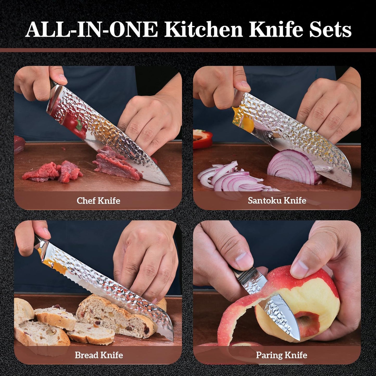 Knife Sets for Kitchen (15 Pieces), Hammered Desgin Knife Set with Block and Sharpener, High Carbon Stainless Steel Chef Knives with Grey Triple Rivet Handle, Ultra Sharp and Dishwash Safe