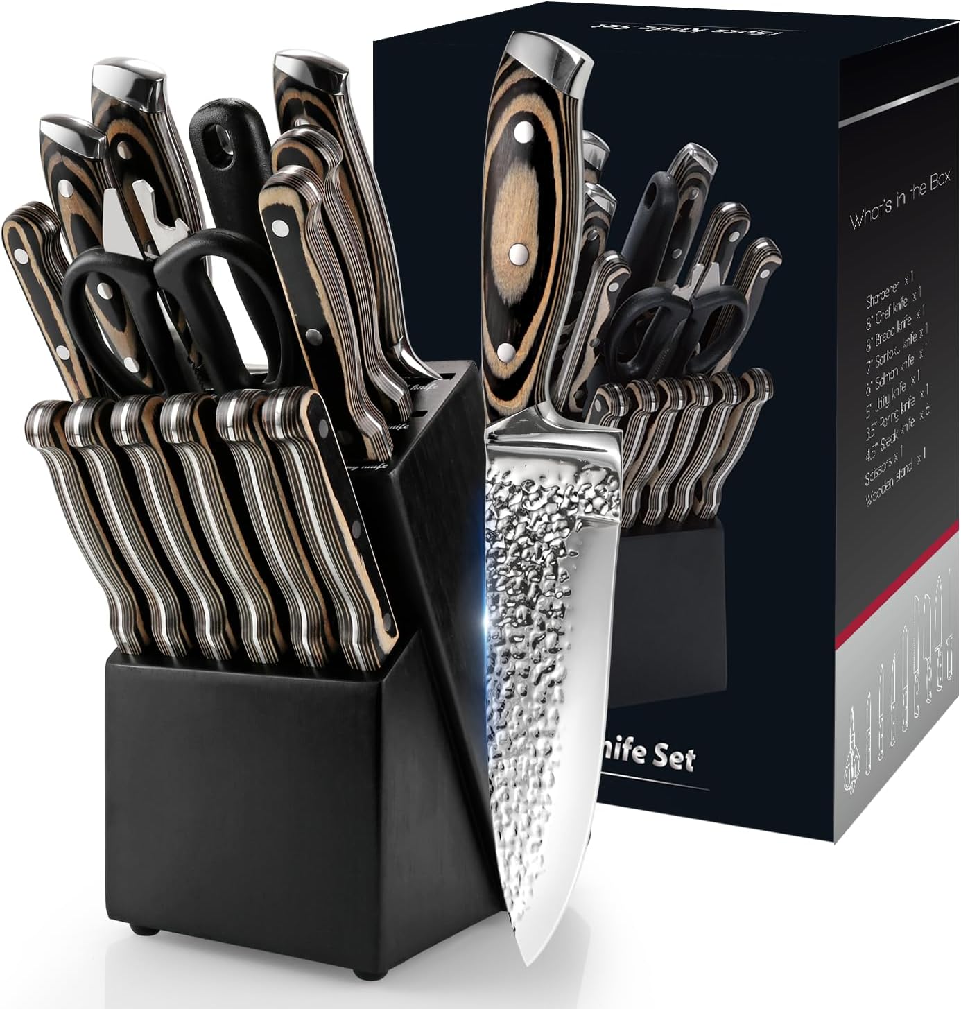 Knife Sets for Kitchen (15 Pieces), Hammered Desgin Knife Set with Block and Sharpener, High Carbon Stainless Steel Chef Knives with Grey Triple Rivet Handle, Ultra Sharp and Dishwash Safe
