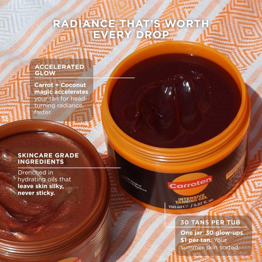 Carroten Intensive Tanning Gel | Browning Tan Accelerator | Non-Greasy, Water-Resistant with Carrot and Coconut Oil | Vitamin A & E For Moisture & Hydration | Made in Greece | 5 Fl Oz
