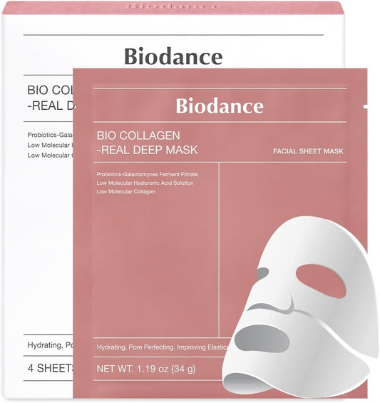 BIODANCE Bio-Collagen Real Deep Mask, Bestselling Hydrating Overnight Hydrogel Mask for Glassy Glowy Skin, Pore Minimizing, Elasticity Improvement, Paraben Free, Fragrance Free, Non-Comedogenic Korean Skincare 34g x 4ea