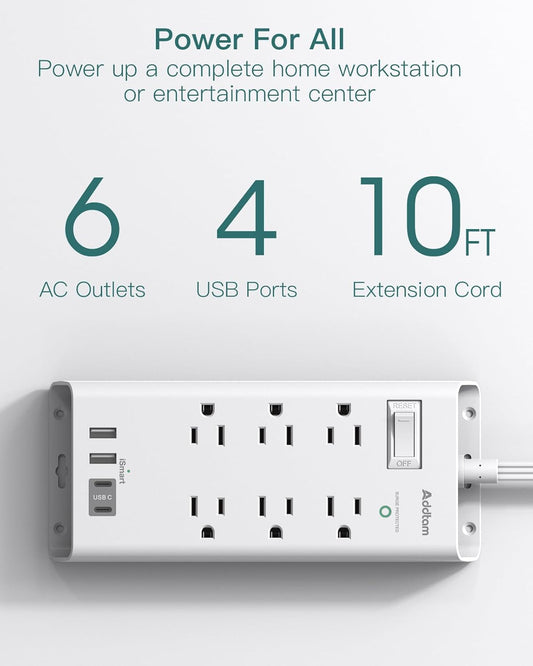 Power Strip Surge Protector - Addtam 10Ft Long Extension Cord with 6 Outlets and 4 USB Ports(2USB C), Flat Plug Overload Surge Protection Outlet Strip, Wall Mount for Home, Office and More - PuriLite