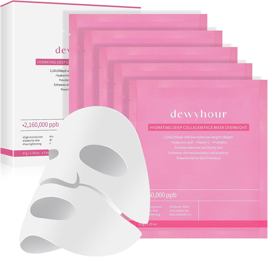 dewyhour Collagen Face Mask: 5 Pack Hydrating Deep Collagen Mask Overnight Sheet Mask with Hyaluronic acid,Pore Minimizing,Elasticity Skin