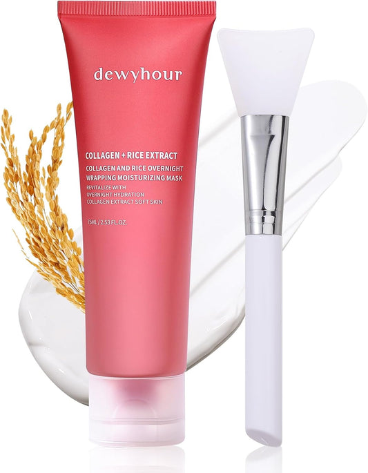 dewyhour Collagen And Rice Overnight Wrapping Moisturizing Mask: Collagen Face Mask, Hydrolyzed Peel Off Mask For Glowing Skin, Elasticity & Hydrating, Rice Extract, 2.53 FL.OZ
