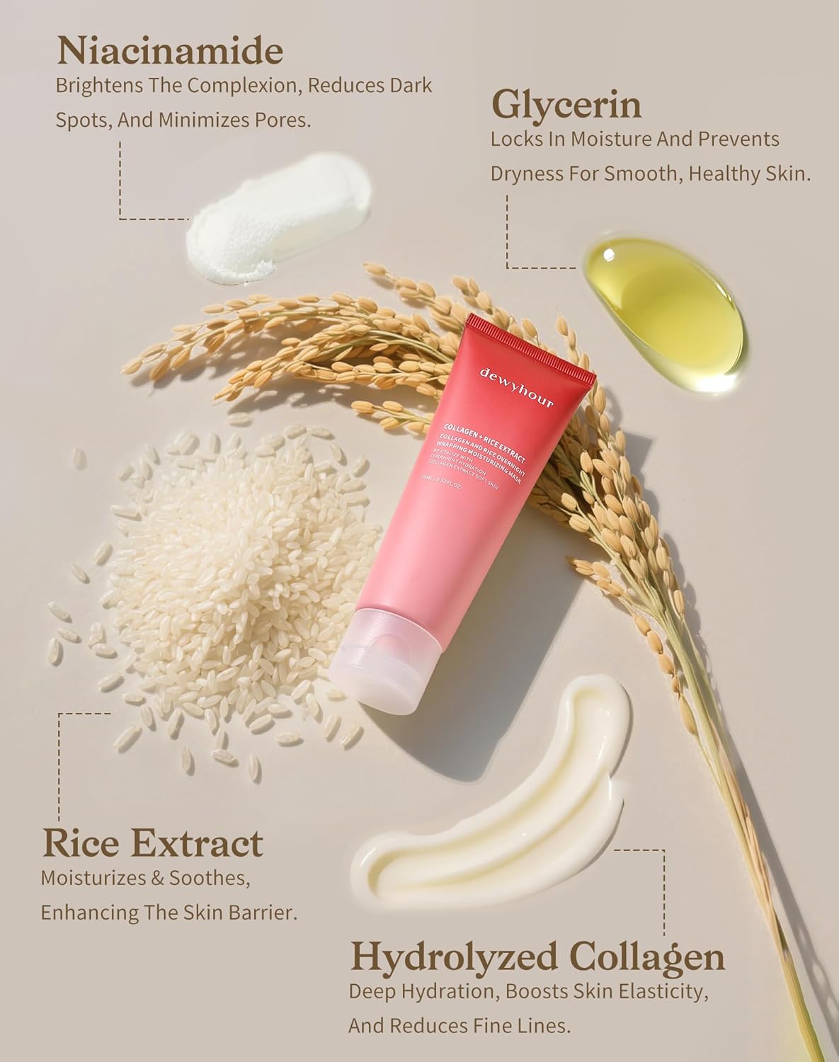 dewyhour Collagen And Rice Overnight Wrapping Moisturizing Mask: Collagen Face Mask, Hydrolyzed Peel Off Mask For Glowing Skin, Elasticity & Hydrating, Rice Extract, 2.53 FL.OZ