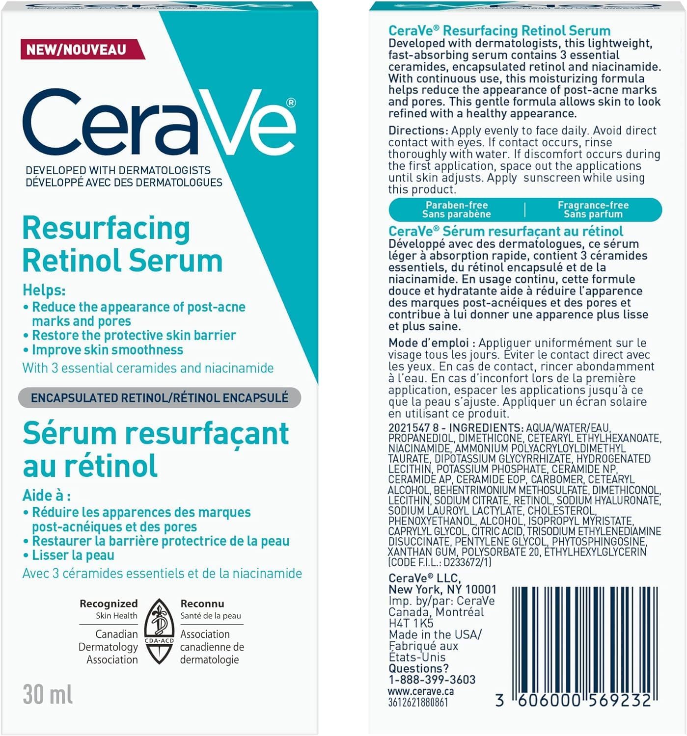 CeraVe Resurfacing RETINOL Serum For Face with Niacinamide. Helps even Skin Tone & Smoothness, Post-Acne Marks & Pore Minimizer. Gentle, Fragrance-free, Non-Comedogenic, Safe for Sensitive Skin, 30ML