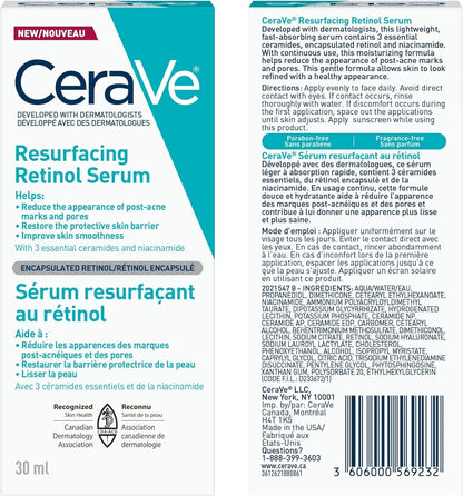 CeraVe Resurfacing RETINOL Serum For Face with Niacinamide. Helps even Skin Tone & Smoothness, Post-Acne Marks & Pore Minimizer. Gentle, Fragrance-free, Non-Comedogenic, Safe for Sensitive Skin, 30ML