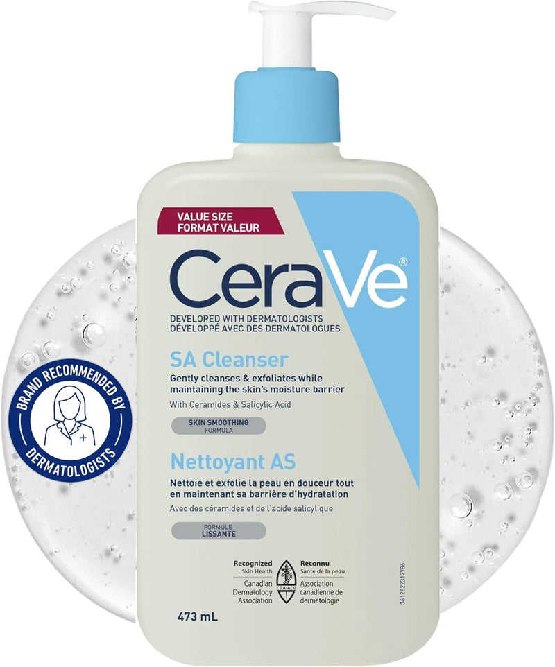 CeraVe SALICYLIC ACID Cleanser, Renewing SA Smoothing BHA Exfoliant for Face. Suitable for Keratosis Pilaris & Psoriasis. Gentle Cleanser With Hyaluronic Acid, Niacinamide, Vitamin D & Ceramides. Fragrance Free, No microbeads, 473ml