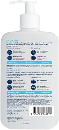 CeraVe SALICYLIC ACID Cleanser, Renewing SA Smoothing BHA Exfoliant for Face. Suitable for Keratosis Pilaris & Psoriasis. Gentle Cleanser With Hyaluronic Acid, Niacinamide, Vitamin D & Ceramides. Fragrance Free, No microbeads, 473ml