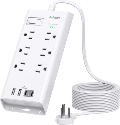 Power Strip Surge Protector - Addtam 10Ft Long Extension Cord with 6 Outlets and 4 USB Ports(2USB C), Flat Plug Overload Surge Protection Outlet Strip, Wall Mount for Home, Office and More