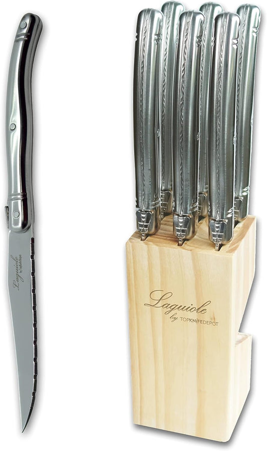 TopKnife Laguiole 6 pcs Steak Knife Set - Stainless Steel Handle - Pine Wood Block