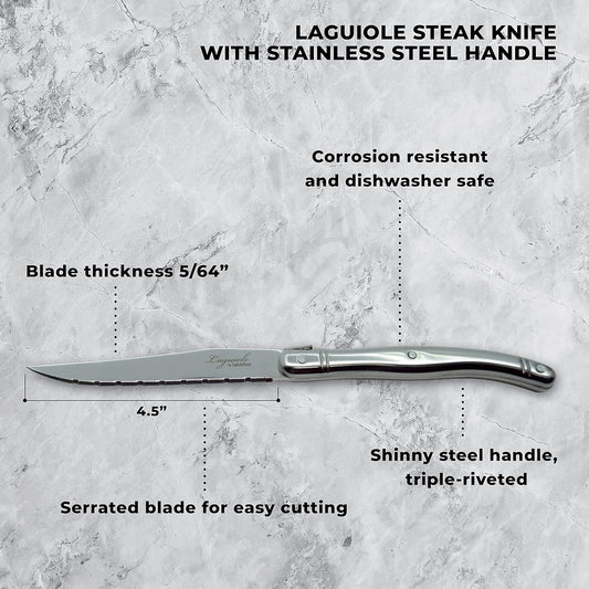 TopKnife Laguiole 6 pcs Steak Knife Set - Stainless Steel Handle - Pine Wood Block - PuriLite