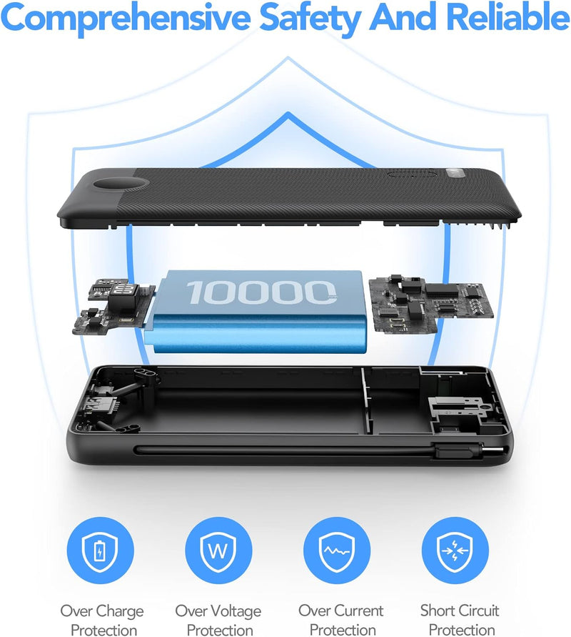 VRURC Portable Charger with Built-in Cables and AC Wall Plug, 10000mAh Power Bank USB C Phone Charger 5 Output 2 Input LED Display Ultra Slim External Battery Pack Compatible with Smart Devices-Black
