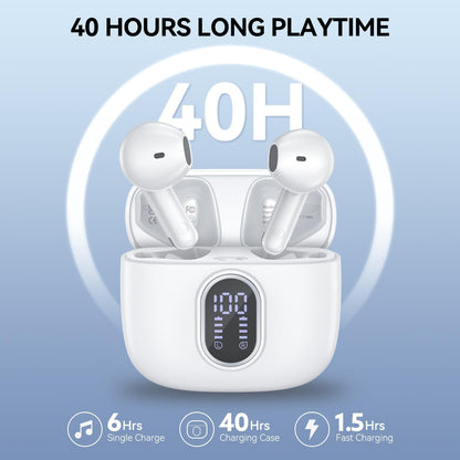 Wireless Earbuds Bluetooth 5.3 Headphones 42 Hrs Playtime with LED Display, Deep Bass Stereo and Noise Cancelling Bluetooth Ear Buds IPX7 Waterproof Wireless Ear Buds with Mic for iPhone Android White
