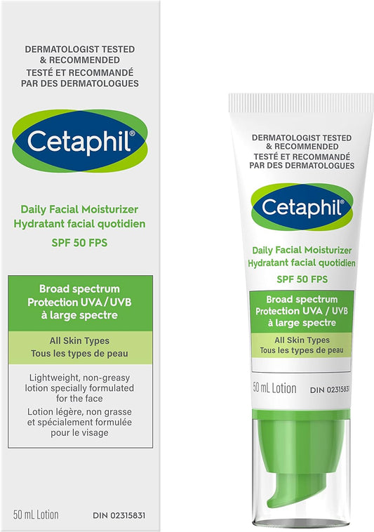 Cetaphil Daily Facial Moisturizer, SPF 50 Gentle Face Lotion for All Skin Types, Light Weight, Oil Free, Dermatologist Recommended Sensitive Skincare, 50ml, Pack of 1