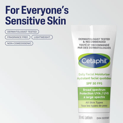 Cetaphil Daily Facial Moisturizer, SPF 50 Gentle Face Lotion for All Skin Types, Light Weight, Oil Free, Dermatologist Recommended Sensitive Skincare, 50ml, Pack of 1