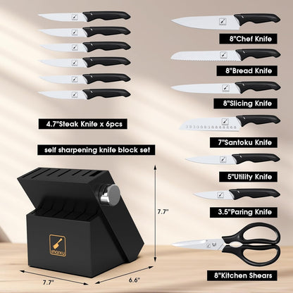 imarku Knife Set with Block, Sharp Knife Set with Built-in Sharpener, Japanese Stainless Steel Kitchen Knife Set with Non-Slip Ergonomic Handle, Dishwasher Safe, 14 PCS Best Mother's Day Gift, Black