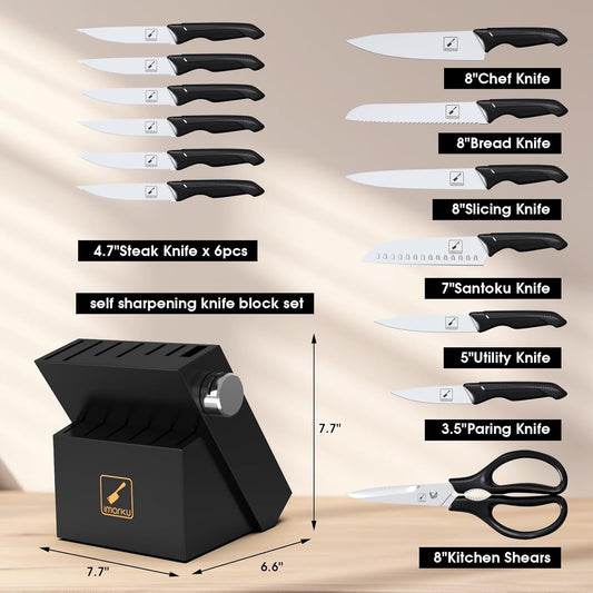 imarku Knife Set with Block, Sharp Knife Set with Built-in Sharpener, Japanese Stainless Steel Kitchen Knife Set with Non-Slip Ergonomic Handle, Dishwasher Safe, 14 PCS Best Mother's Day Gift, Black - PuriLite