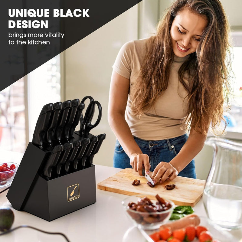 imarku Knife Set with Block, Sharp Knife Set with Built-in Sharpener, Japanese Stainless Steel Kitchen Knife Set with Non-Slip Ergonomic Handle, Dishwasher Safe, 14 PCS Best Mother's Day Gift, Black