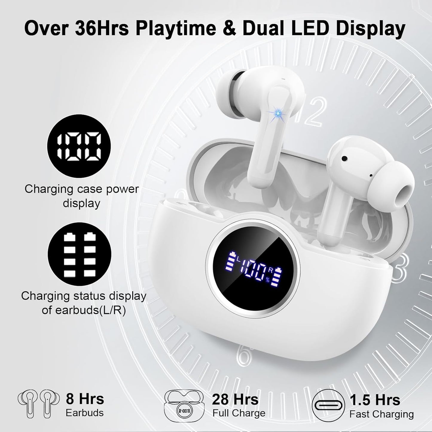 Wireless Earbuds, 2025 Bluetooth 5.4 Headphone 3D Bass Hi-Fi Stereo Ear Buds, 4 ENC Noise Cancelling Mic, 40H 3g USB-C in-Ear Earphone, IP7 Waterproof Workout Sport for Laptop Pad Android iOS, White