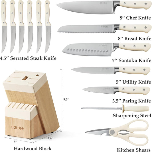 CAROTE 14 Pieces Knife Set with Block, Forged, High Carbon Stainless Steel Sharp Blade Block Knife Set, Dishwasher Safe Cutlery, Cream - PuriLite