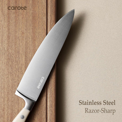 CAROTE 14 Pieces Knife Set with Block, Forged, High Carbon Stainless Steel Sharp Blade Block Knife Set, Dishwasher Safe Cutlery, Cream