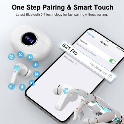 Wireless Earbuds, 2025 Bluetooth 5.4 Headphone 3D Bass Hi-Fi Stereo Ear Buds, 4 ENC Noise Cancelling Mic, 40H 3g USB-C in-Ear Earphone, IP7 Waterproof Workout Sport for Laptop Pad Android iOS, White