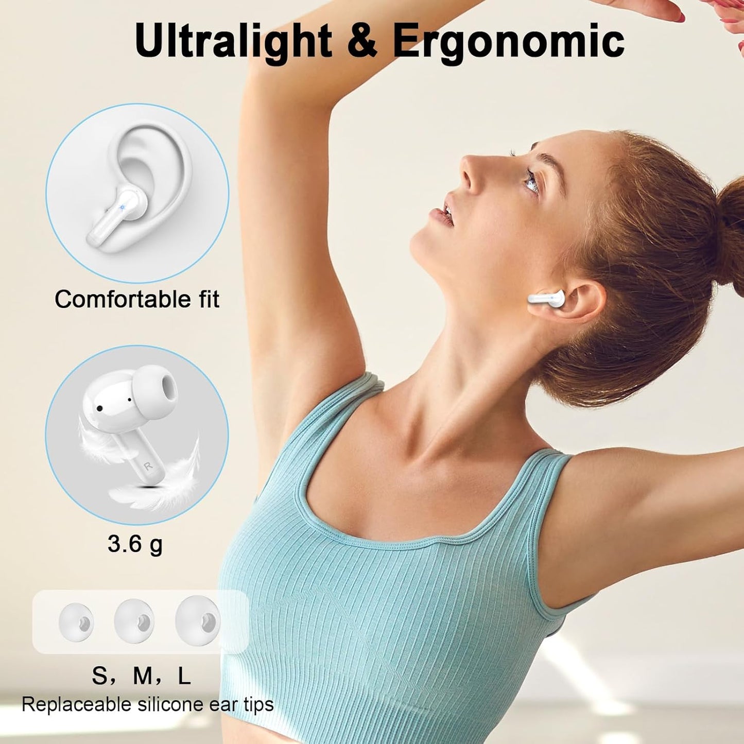 Wireless Earbuds, 2025 Bluetooth 5.4 Headphone 3D Bass Hi-Fi Stereo Ear Buds, 4 ENC Noise Cancelling Mic, 40H 3g USB-C in-Ear Earphone, IP7 Waterproof Workout Sport for Laptop Pad Android iOS, White