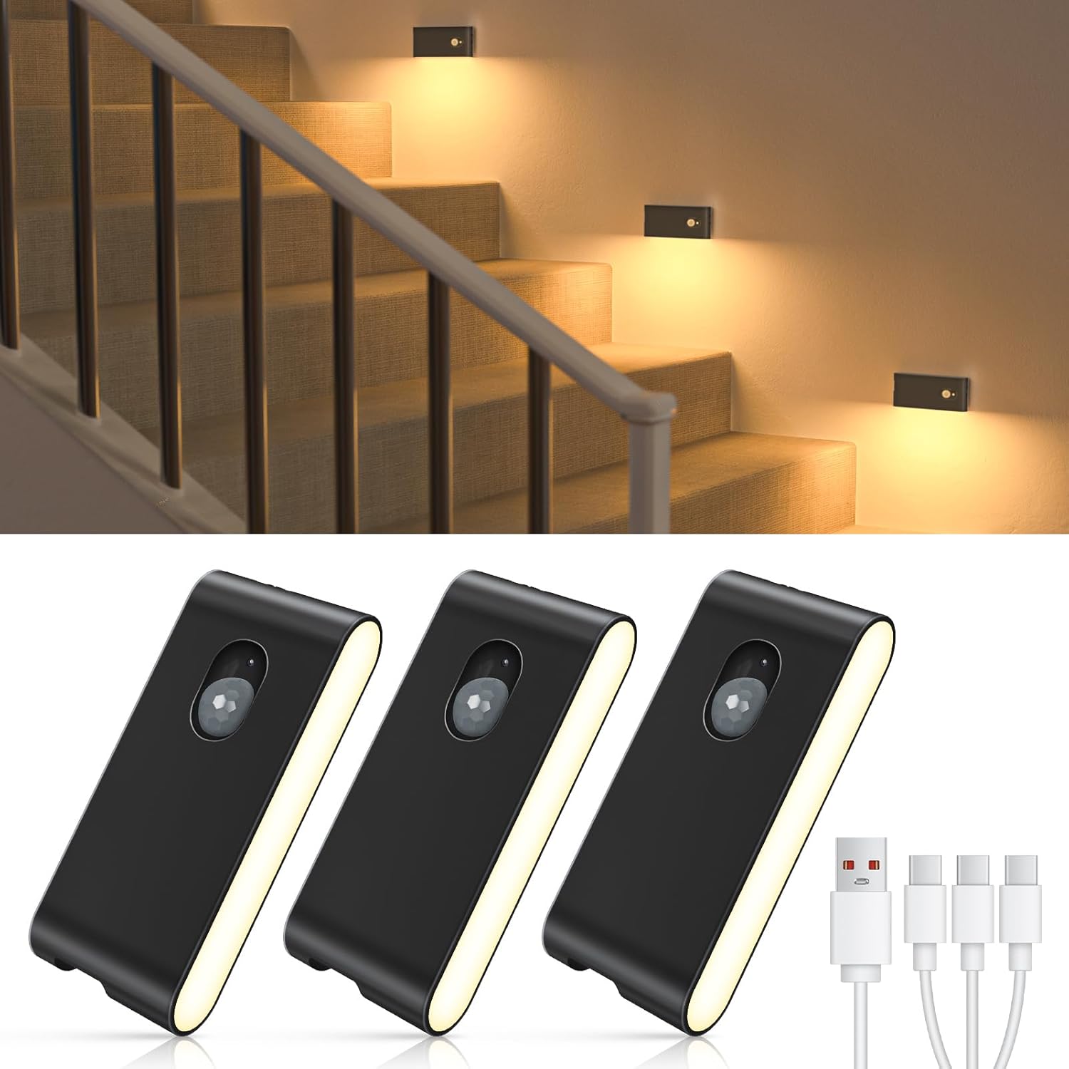 Rechargeable Motion Sensor Night Light Warm White LED Stick Anywhere Wireless Stair Lights for Hallway Bathroom Bedroom Closet (3 Pack) - PuriLite