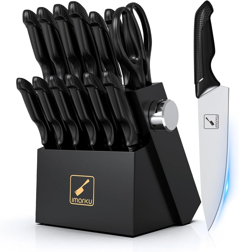 imarku Knife Set with Block, Sharp Knife Set with Built-in Sharpener, Japanese Stainless Steel Kitchen Knife Set with Non-Slip Ergonomic Handle, Dishwasher Safe, 14 PCS Best Mother's Day Gift, Black