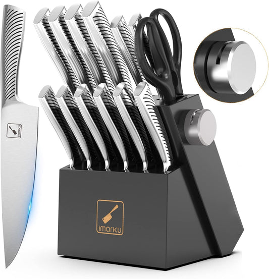 imarku Knife Set - Knife Sets for Kitchen with Block, 14 Pcs High Carbon Stainless Steel Kitchen Knife Set, Dishwasher Safe Knife Block Set with Ergonomic Handle