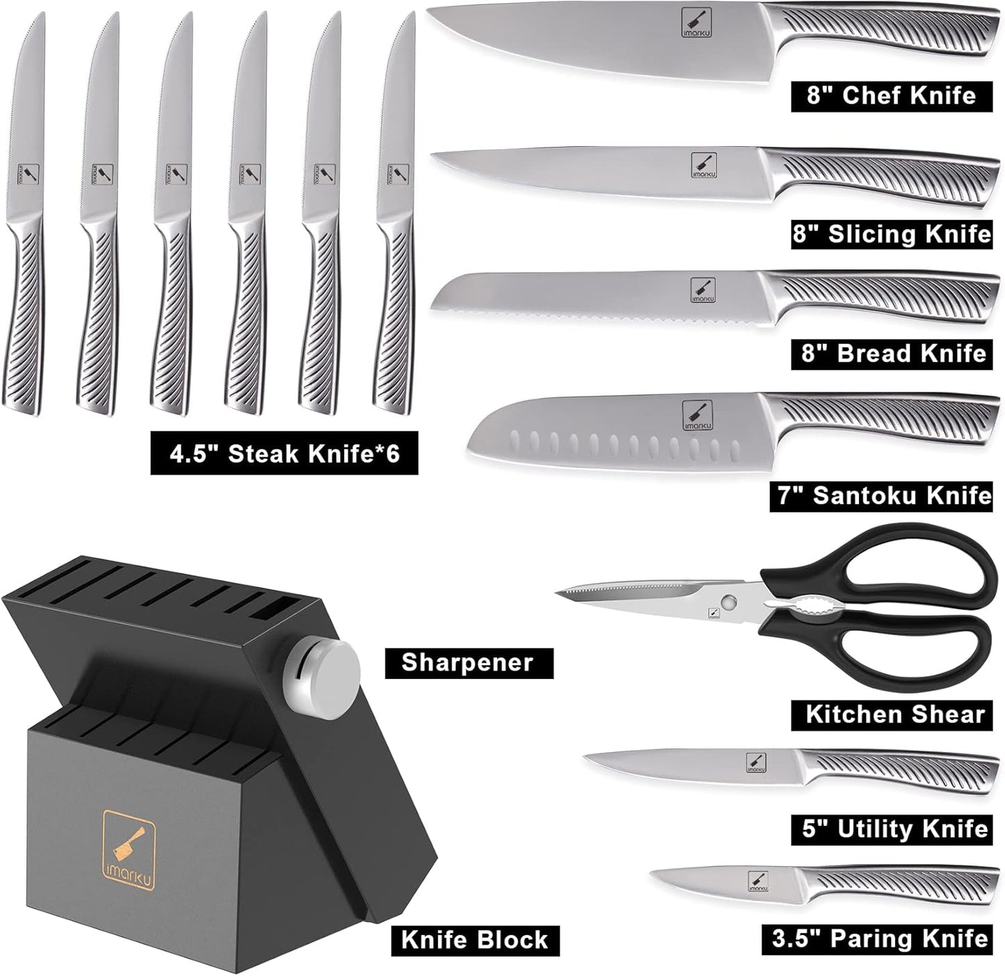 imarku Knife Set - Knife Sets for Kitchen with Block, 14 Pcs High Carbon Stainless Steel Kitchen Knife Set, Dishwasher Safe Knife Block Set with Ergonomic Handle