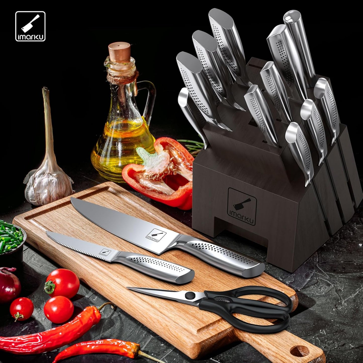 imarku Knife Set, 16PCS Kitchen Knife Set with Block High Carbon Stainless Steel Ultra Sharp Knife Block Set, Japanese Knife Set with Dotted Non-Slip Ergonomic Handle, Dishwaher Safe