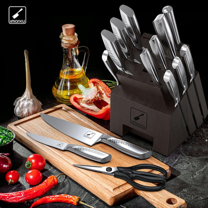 imarku Knife Set, 16PCS Kitchen Knife Set with Block High Carbon Stainless Steel Ultra Sharp Knife Block Set, Japanese Knife Set with Dotted Non-Slip Ergonomic Handle, Dishwaher Safe