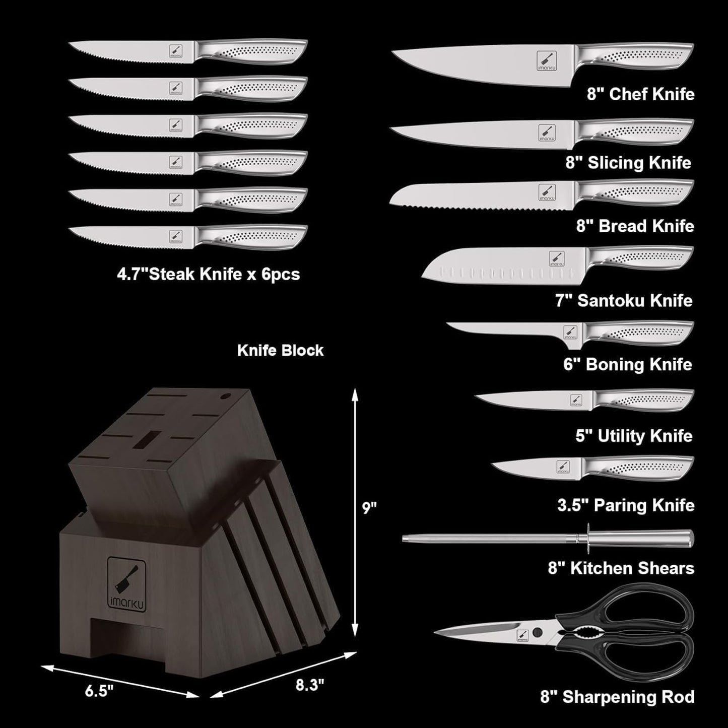 imarku Knife Set, 16PCS Kitchen Knife Set with Block High Carbon Stainless Steel Ultra Sharp Knife Block Set, Japanese Knife Set with Dotted Non-Slip Ergonomic Handle, Dishwaher Safe