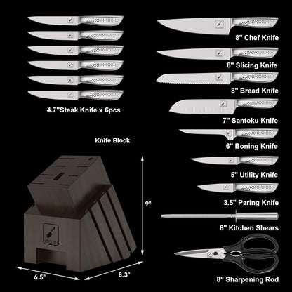 imarku Knife Set, 16PCS Kitchen Knife Set with Block High Carbon Stainless Steel Ultra Sharp Knife Block Set, Japanese Knife Set with Dotted Non-Slip Ergonomic Handle, Dishwaher Safe