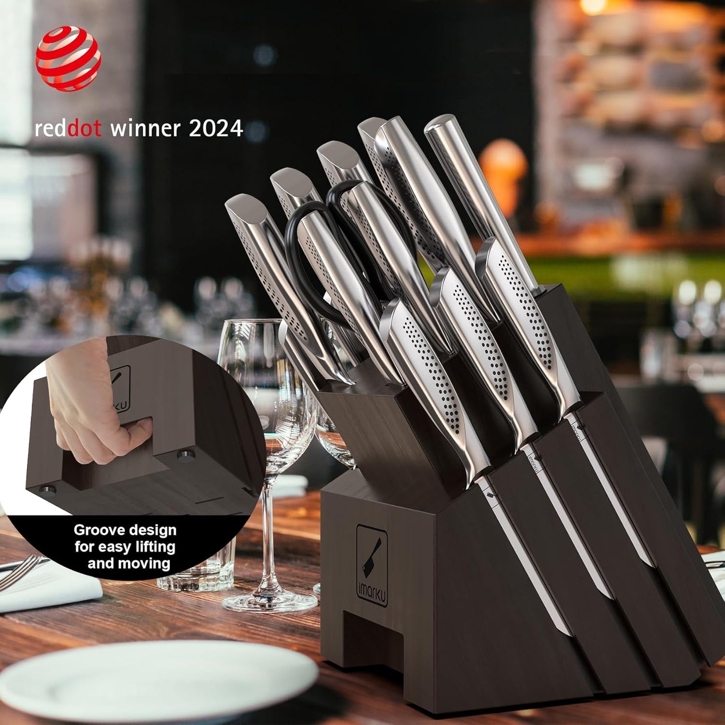 imarku Knife Set, 16PCS Kitchen Knife Set with Block High Carbon Stainless Steel Ultra Sharp Knife Block Set, Japanese Knife Set with Dotted Non-Slip Ergonomic Handle, Dishwaher Safe