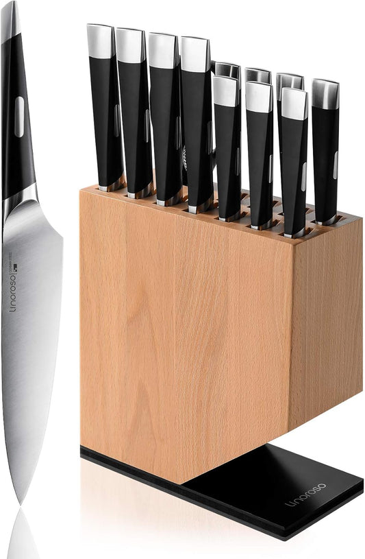 Linoroso Knife Set, 12-Piece Kitchen Knife Set with Block Sharp Chef Knife Set, German High Carbon Stainless Steel Knife Block Set with Beech Block with Black Oxide Stainless Steel Base
