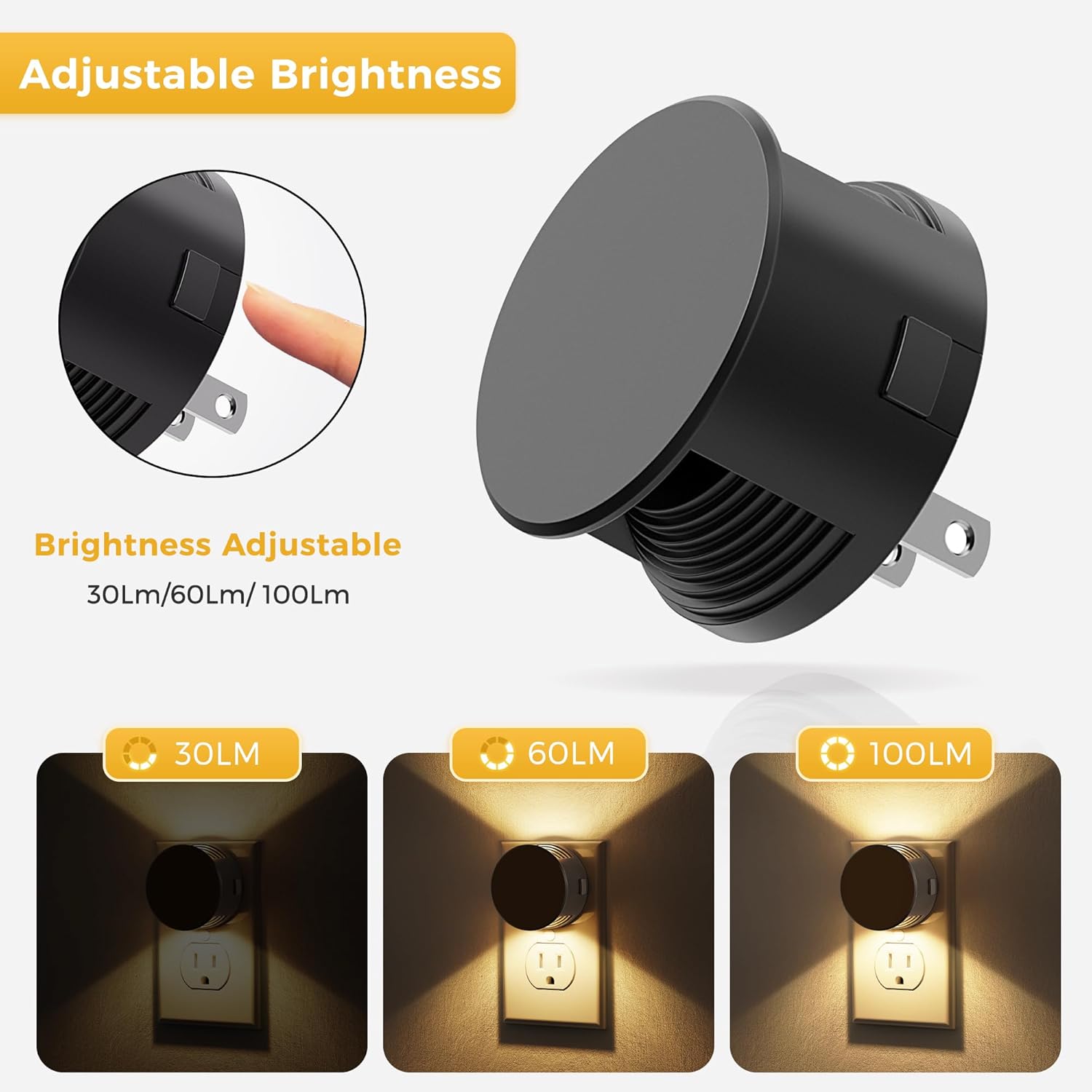 2-Pack Plug-In Night Light with Light Sensor 3-Level Brightness Adjustable 30/60/100LM Warm White 3000K for Hallway Bedroom Bathroom - PuriLite