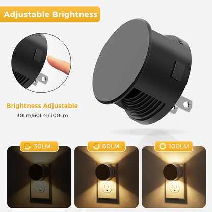 2-Pack Plug-In Night Light with Light Sensor 3-Level Brightness Adjustable 30/60/100LM Warm White 3000K for Hallway Bedroom Bathroom - PuriLite