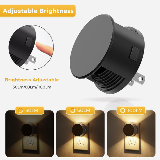 2-Pack Plug-In Night Light with Light Sensor 3-Level Brightness Adjustable 30/60/100LM Warm White 3000K for Hallway Bedroom Bathroom - PuriLite