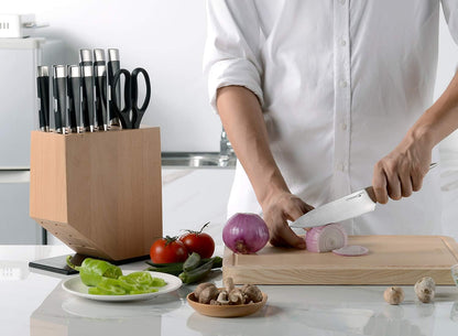 Linoroso Knife Set, 12-Piece Kitchen Knife Set with Block Sharp Chef Knife Set, German High Carbon Stainless Steel Knife Block Set with Beech Block with Black Oxide Stainless Steel Base