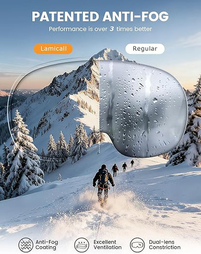 Ski Goggles with Ultra HD Lens and 100 Percent UV Protection Anti Fog OTG Snow Goggles for Skiing Snowboarding and Snowmobile Use - PuriLite