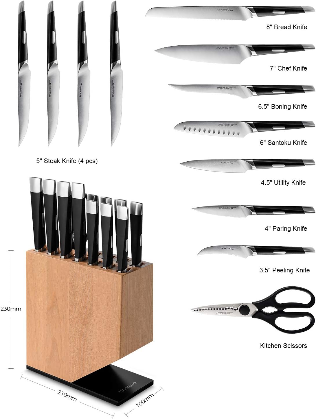 Linoroso Knife Set, 12-Piece Kitchen Knife Set with Block Sharp Chef Knife Set, German High Carbon Stainless Steel Knife Block Set with Beech Block with Black Oxide Stainless Steel Base