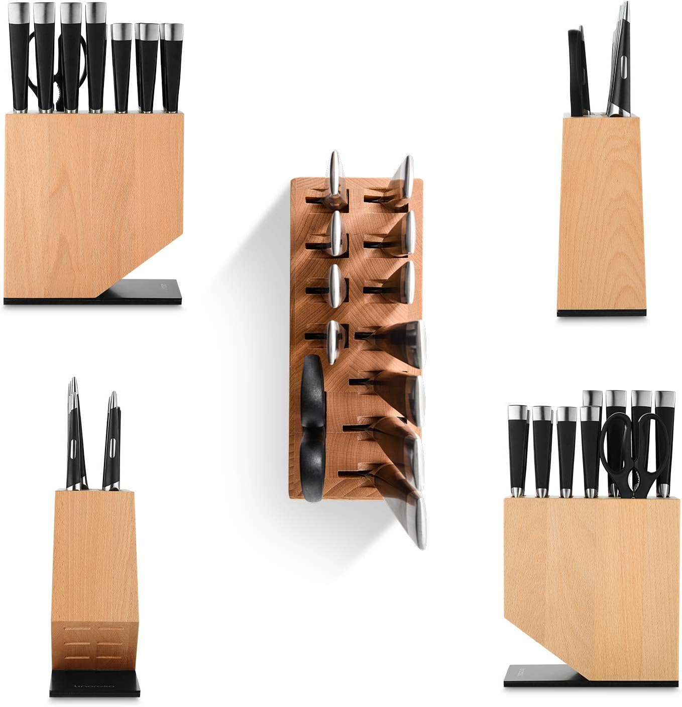 Linoroso Knife Set, 12-Piece Kitchen Knife Set with Block Sharp Chef Knife Set, German High Carbon Stainless Steel Knife Block Set with Beech Block with Black Oxide Stainless Steel Base