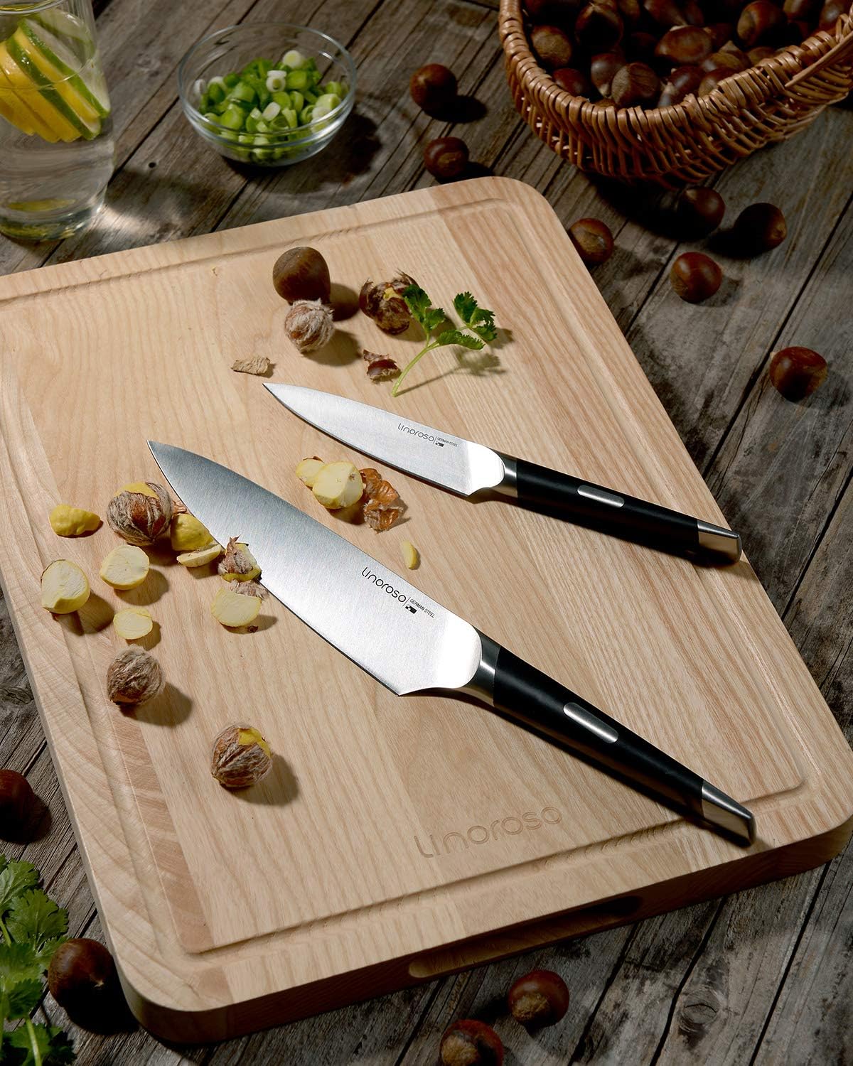 Linoroso Knife Set, 12-Piece Kitchen Knife Set with Block Sharp Chef Knife Set, German High Carbon Stainless Steel Knife Block Set with Beech Block with Black Oxide Stainless Steel Base